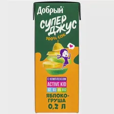 Сок Добрый Супер Джус яблоко-груша, без сахара, 0.2 л